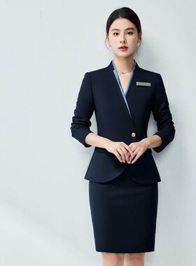秋季藏青色长袖职业西装套装女