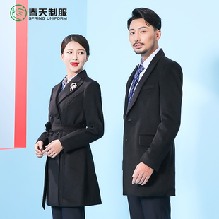 黑色毛呢男大衣短款女士腰带呢子外套物业售楼处案场工作服冬季