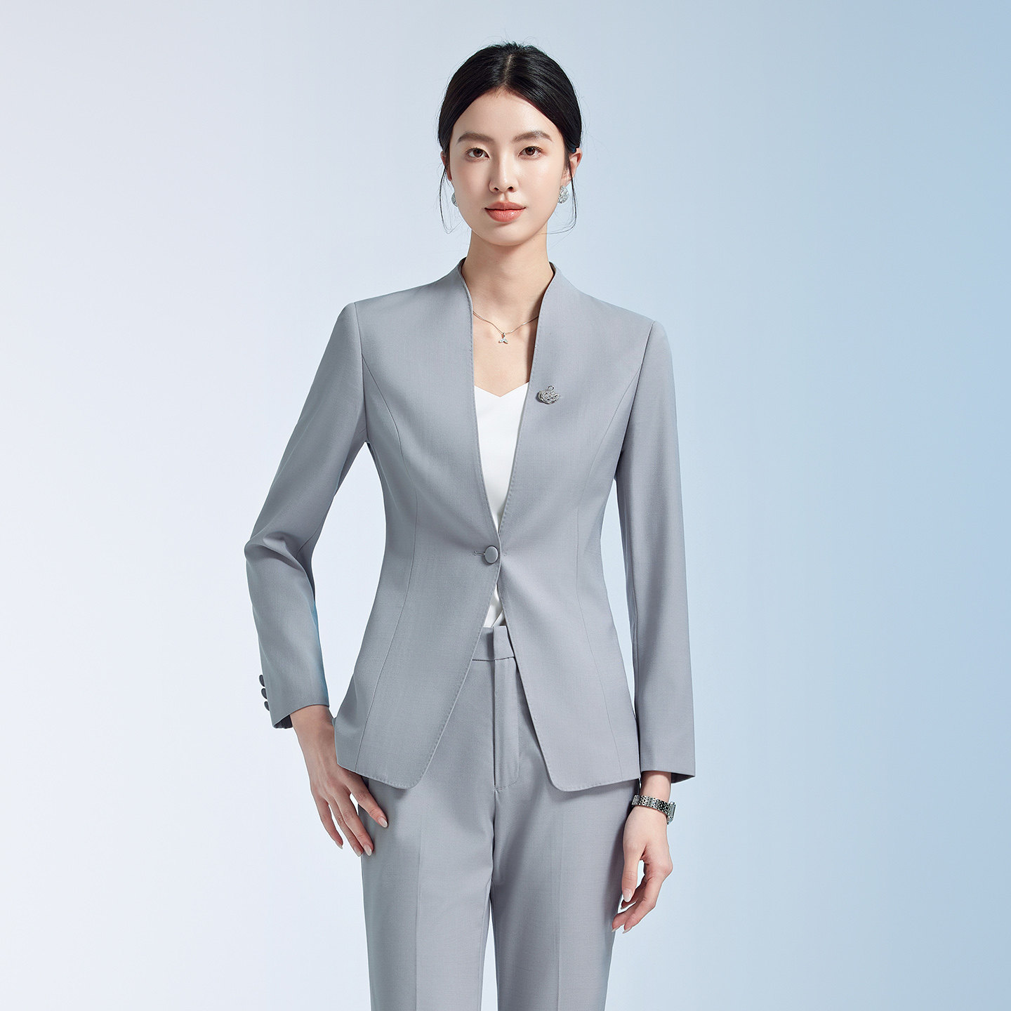 立领新中式风职业套装女长袖灰色女西装商务风气质正装酒店工作服