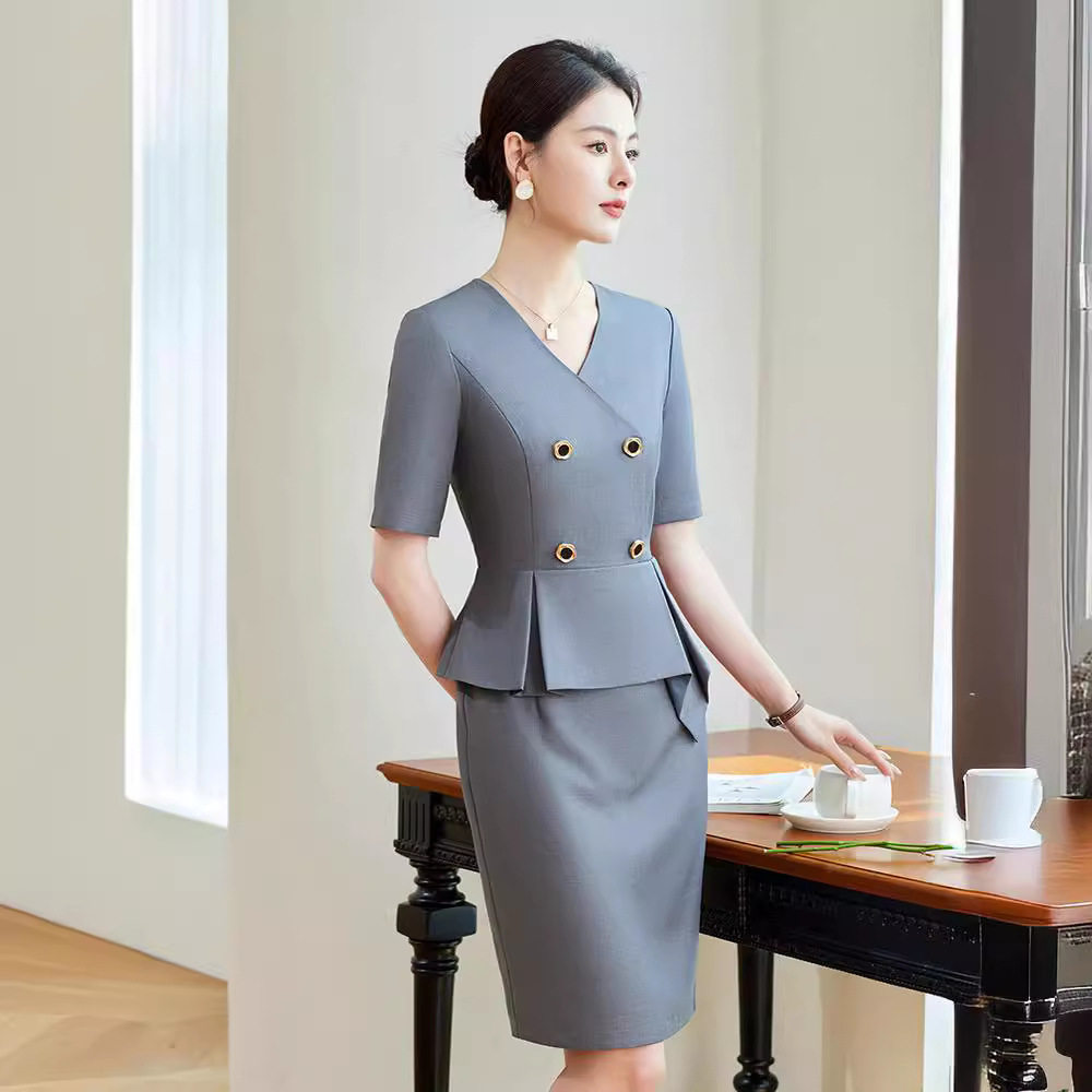 夏季新款灰色短袖职业连衣裙女珠宝店售楼处酒店前台物业工作服