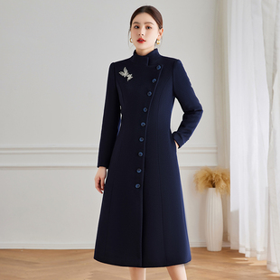 物业冬季加厚呢子女大衣中长款藏蓝色女士毛呢外套售楼部工作服