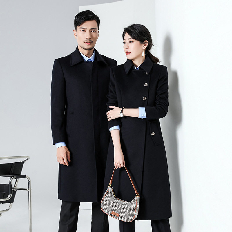 高端羊毛呢大衣男女同款中长款通勤职业外套藏青色售楼部工作服