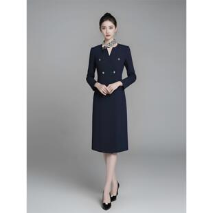 高端商务职业装长袖连衣裙女双排扣通勤气质OL修身中长裙藏蓝色