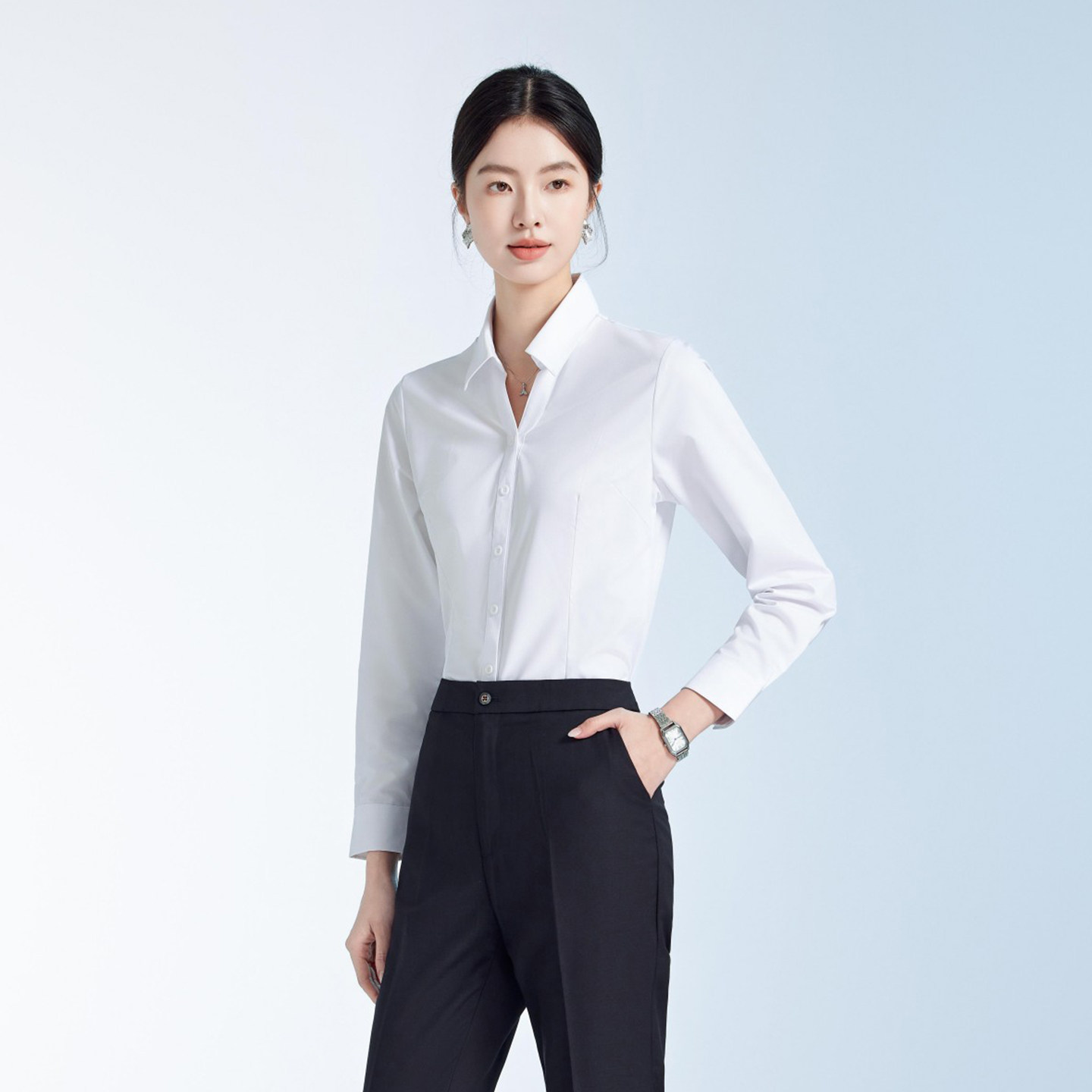 通勤风竹纤维V领白色衬衫长袖女衬衣职业正装修身免烫前台工作服