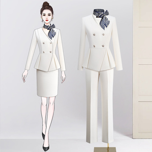女士小西装 套装 上班穿OL酒店前台物业客服工作服 米色职业女裤 春季