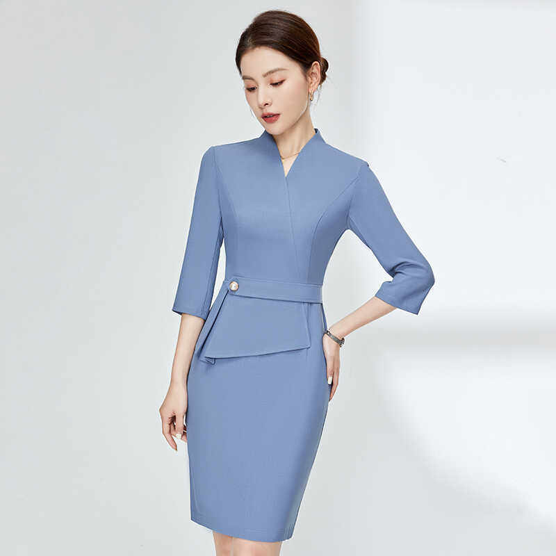 时尚气质女神范春秋季七分袖连衣裙酒店前台接待美容院珠宝店工装