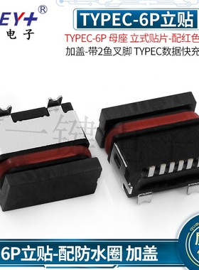 TYPEC-6P立贴加盖半包防水母座充电正反插带防水圈贴片快充接插口