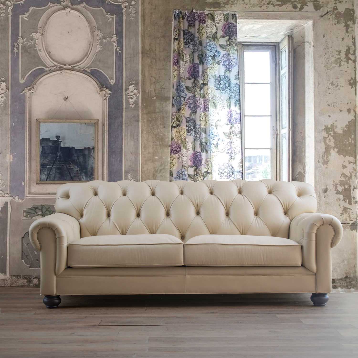 圣奇尼美式查德威克栗棕色米色头层牛皮拉扣三人沙发别墅客厅加长