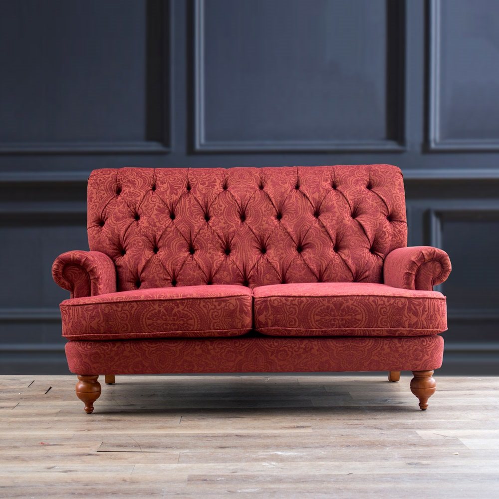 美国进口客厅羽绒海绵软美式布艺提花雪尼绒双人红色拉扣复古沙发