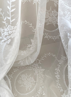 蕾丝网眼美式法式乡村chic唯美白窗纱半透欧式大马士提花纱帘洋气