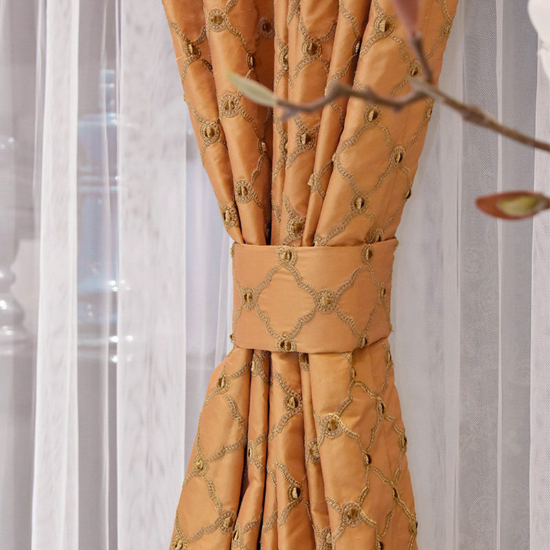 艾可橙色真丝奢华菱形刺绣窗帘卧室高档新中式美式橘黄色全屋软装