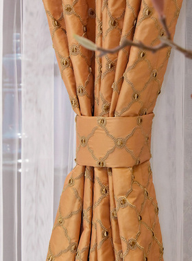 艾可橙色真丝奢华菱形刺绣窗帘卧室高档新中式美式橘黄色全屋软装