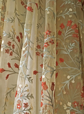 美式田园清新高档绣花窗纱纱帘窗帘客厅卧室飘窗花卉小红花欧根纱