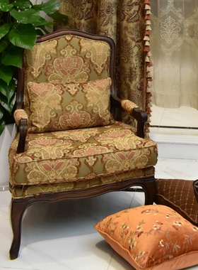美式复古沙发椅红色实木雕花法式奢华风格卧室阳台客厅单人老虎椅
