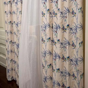 美式棉麻窗帘定制乡村田园客房儿童房花鸟鹦鹉印花全遮光环保蓝色