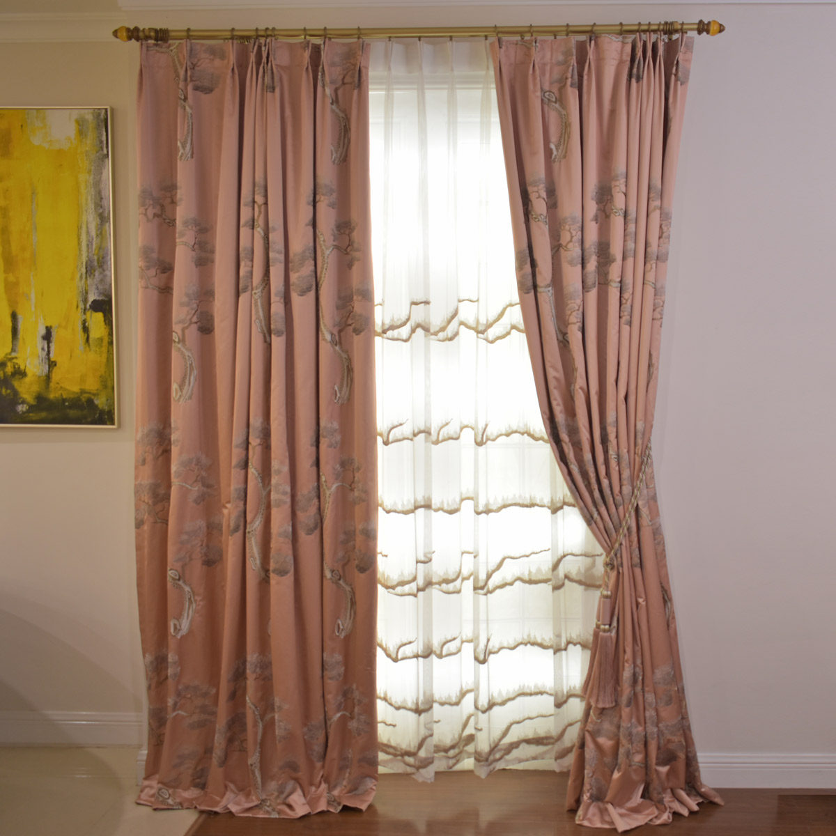 aico艾可新中式迎客松刺绣高精密遮光窗帘主卧落地脏粉色成套定制