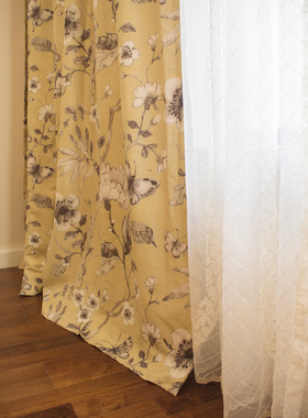 AICO艾可新中式轻奢仿真丝花鸟印花轻薄半透光遮光卧室窗帘定制