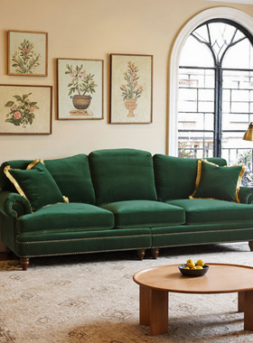 墨绿色棉割绒加长四人分体直排美式新古典轻奢风羽绒布艺法式中古