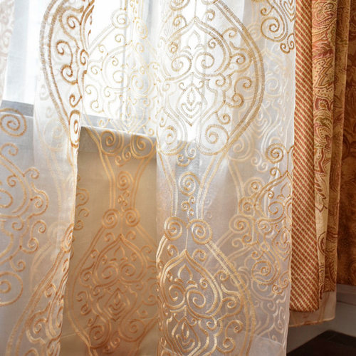 客厅豪华欧式风金色刺绣纱帘豪华