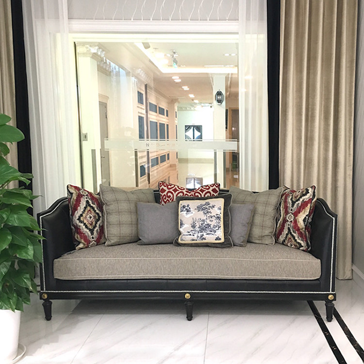 客厅高档新古典美式轻奢真皮三人欧式复古巴洛克奢华描金黑色沙发