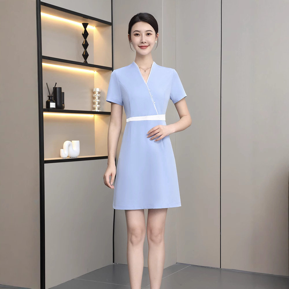 夏季新款美容院足疗按摩技师工作服连衣裙美容师养生馆美甲店