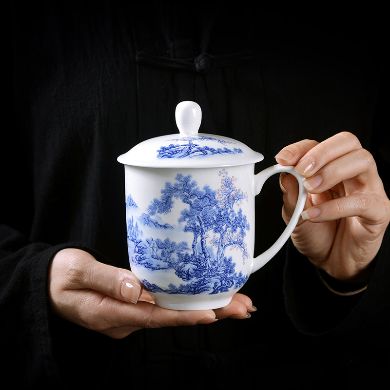 陶瓷茶杯带盖子青花瓷办公杯景德镇家用水杯会议杯商务礼品定制茶