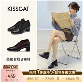 KISSCAT接吻猫新款 靴粗跟踝靴女 圆头复古高跟靴弹力黑色增高时装