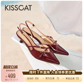 可爱恋人 接吻猫 新款 尖头后空鞋 女夏季 真皮高跟凉鞋 周洁琼同款