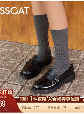 KISSCAT接吻猫罗马假日孟克鞋通勤真皮布洛克黑色小皮鞋乐福鞋