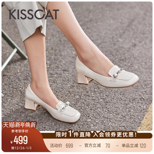 女 深口粗跟单鞋 KISSCAT接吻猫新款 真皮白色英伦风复古高跟乐福鞋