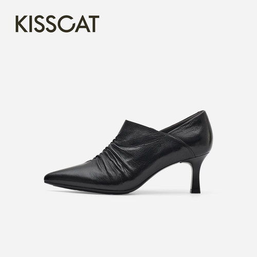 KISSCAT接吻猫手工抓褶气质小踝靴26秋季新复古软羊皮高跟鞋单鞋