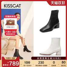 接吻猫2021秋冬季新款时尚优雅简约通勤个性短靴方头粗跟时装靴女图片