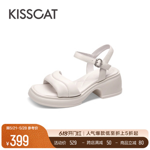 接吻猫夏季新款方头舒适粗跟凉鞋百搭褶皱厚底防滑休闲沙滩鞋女