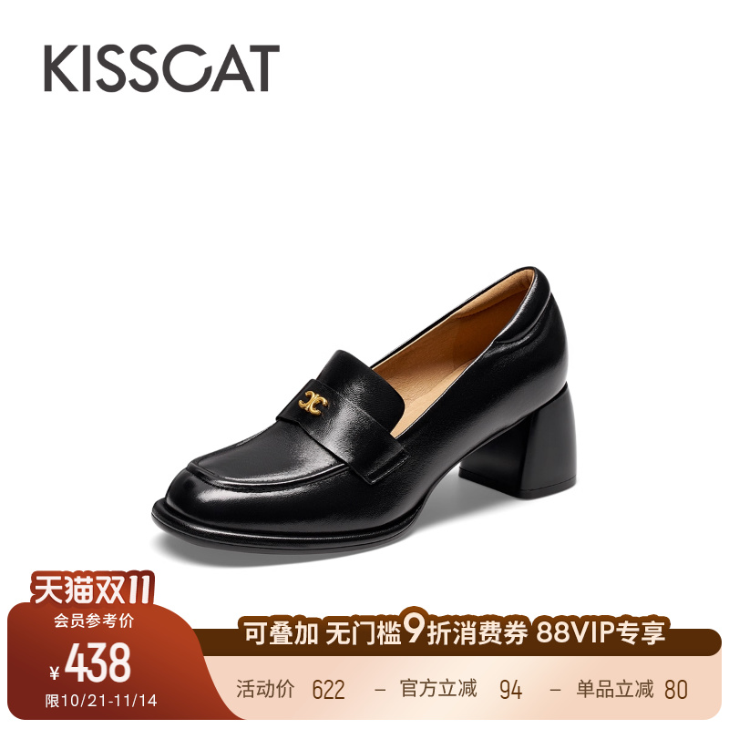 接吻猫粗跟圆头乐福鞋