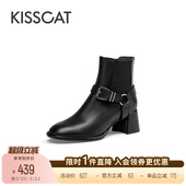KISSCAT接吻猫新款 复古皮带扣牛仔西部靴高跟真皮黑色短筒靴女