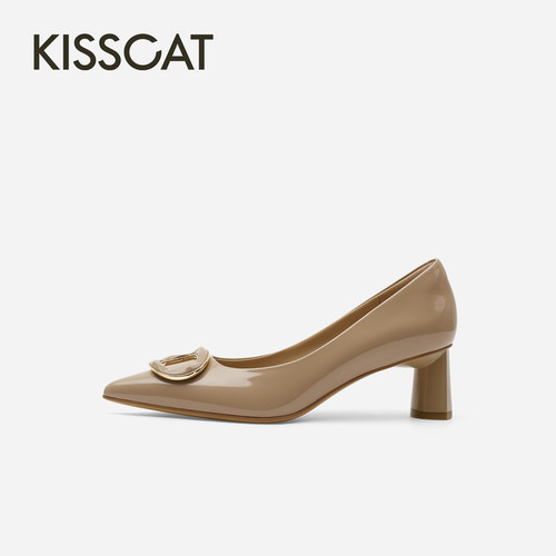 KISSCAT接吻猫26早秋新品立体环扣优雅高跟鞋精致通勤粗跟单鞋