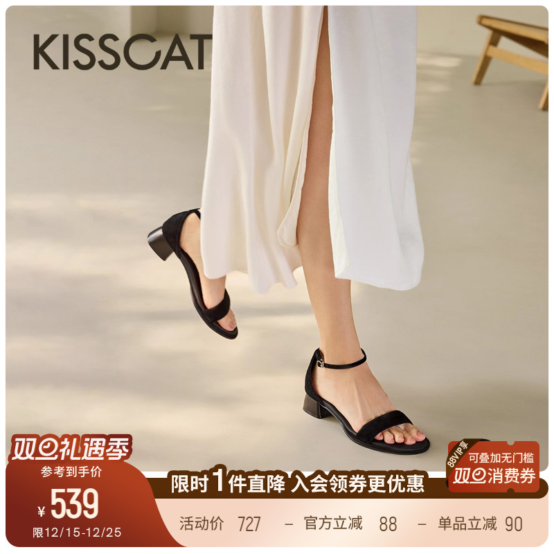 KISSCAT接吻猫25夏季新款粗跟高级气质凉鞋黑色一字带高跟鞋女