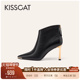 KISSCAT接吻猫舒适优雅尖头高跟靴法式 黑色细跟真皮时装 靴女