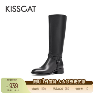 真皮复古增高长筒靴黑色皮带扣骑士靴高靴女 KISSCAT接吻猫新款