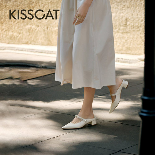KISSCAT接吻猫[花漾]精致懒人凉拖26夏气质尖头粗跟凉拖外穿女