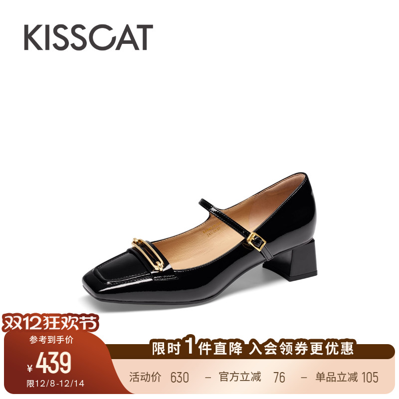 接吻猫方头粗跟复古玛丽珍鞋