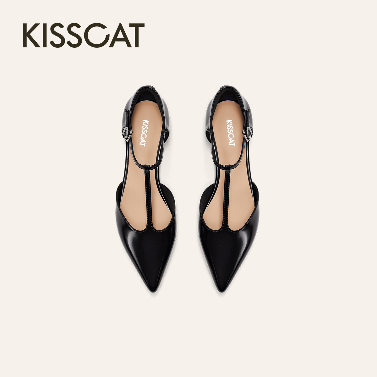 KISSCAT接吻猫[艺术画廊]平底法式T字带气质玛丽珍鞋尖头单鞋女