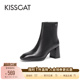 KISSCAT接吻猫新款 黑色短靴女 高级粗跟真皮中筒靴高跟靴法式