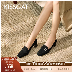 粗跟真皮黑色深口单鞋 KISSCAT接吻猫 25秋新款 乐福鞋 女 优雅氛围