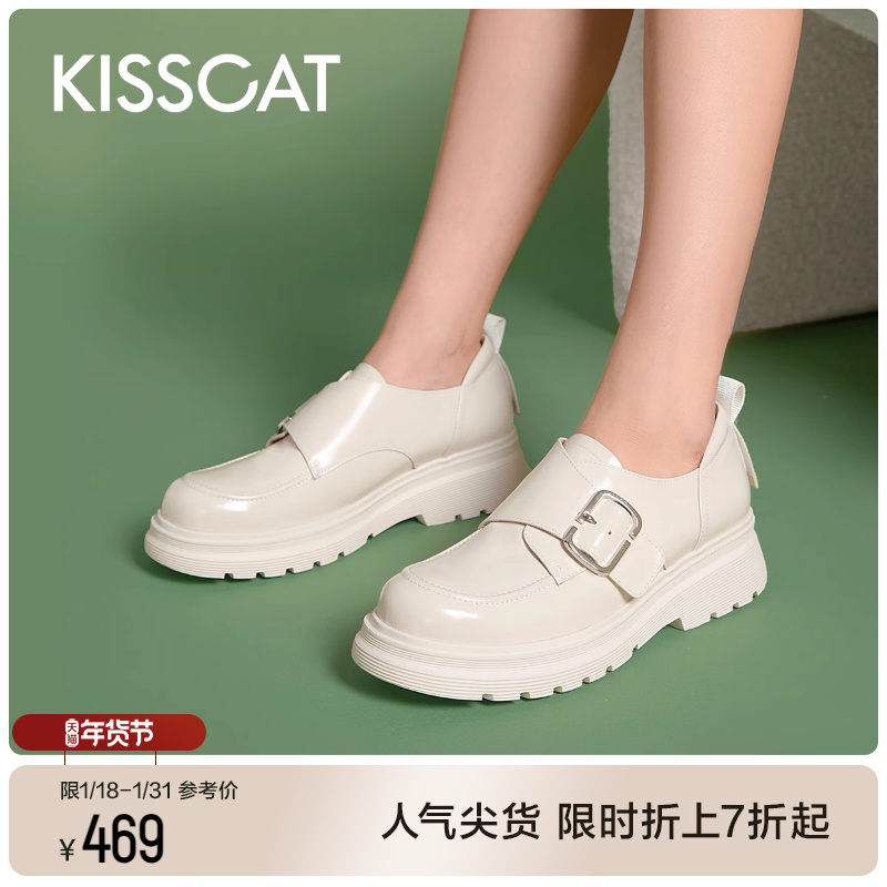 接吻猫单鞋学院风小皮鞋休闲魔术贴真皮圆头厚底乐福鞋女