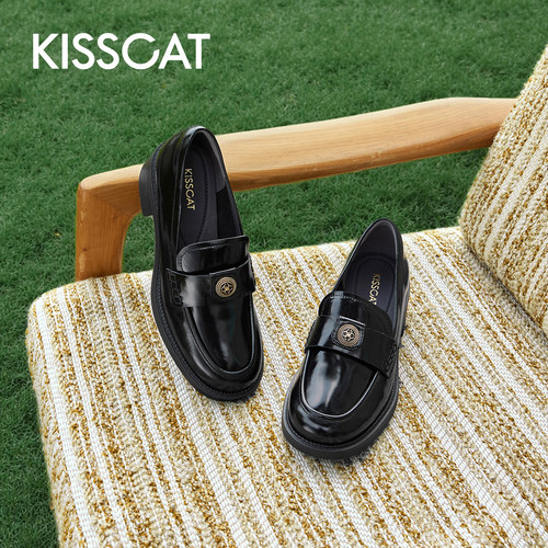 KISSCAT接吻猫[金币]老钱乐福鞋舒适通勤真皮黑色乐福小皮鞋女