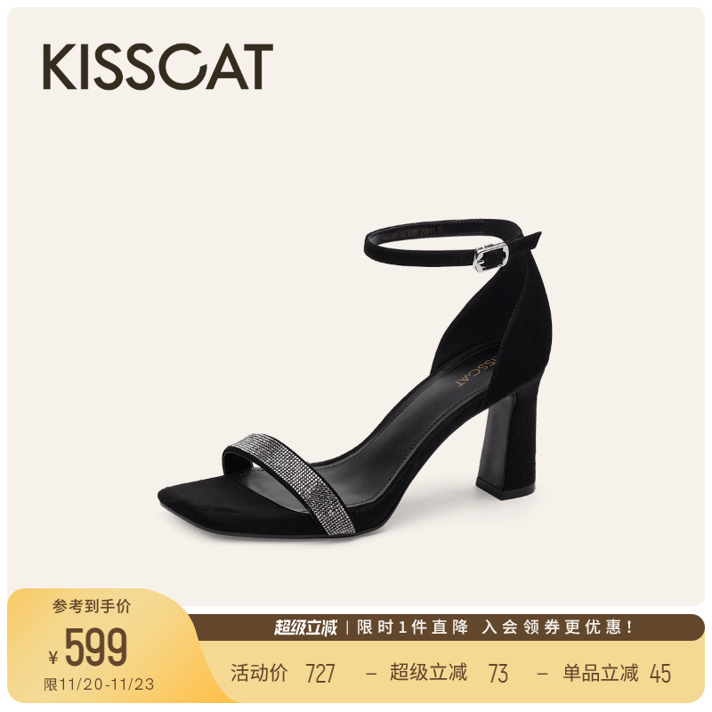 KISSCAT接吻猫[星河系列]25夏新气质高跟鞋黑色法式一字带凉鞋女