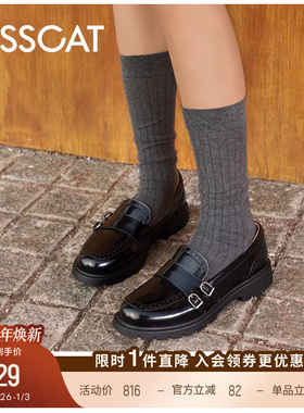 KISSCAT接吻猫罗马假日孟克鞋通勤真皮布洛克黑色小皮鞋乐福鞋