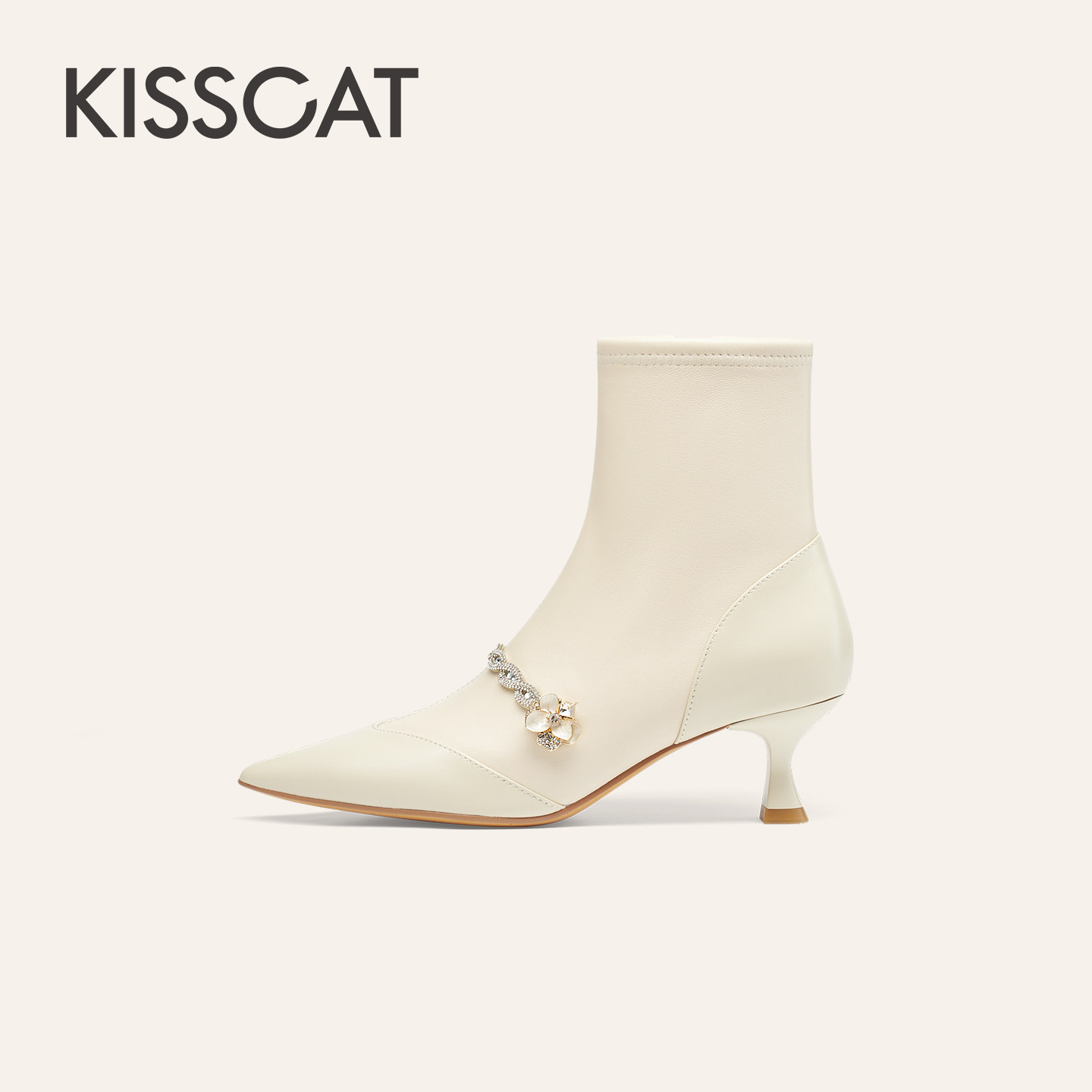 KISSCAT接吻猫25冬新款优雅玛丽珍靴细跟中筒时装靴白色高跟靴女