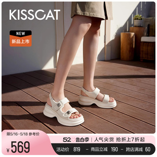 女 新款 增高休闲凉鞋 运动魔术贴沙滩鞋 时尚 KISSCAT接吻猫2024夏季